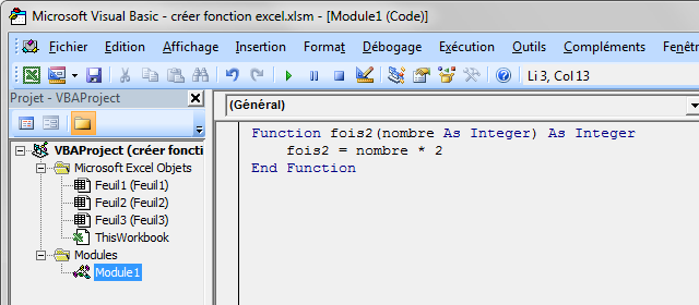 Créer une fonction excel