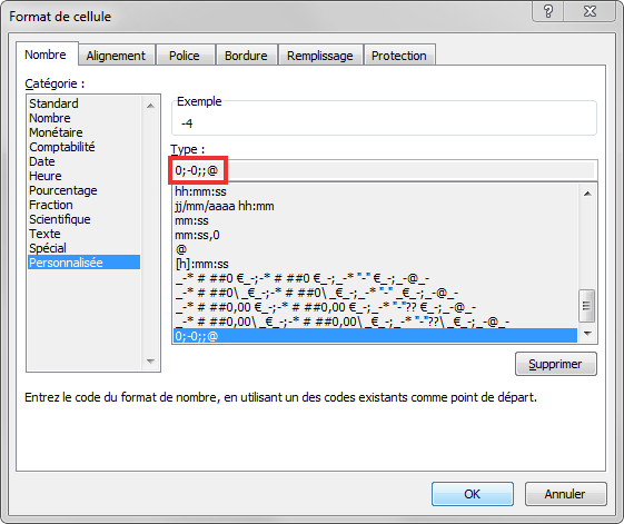 Format de cellule personnalisé excel